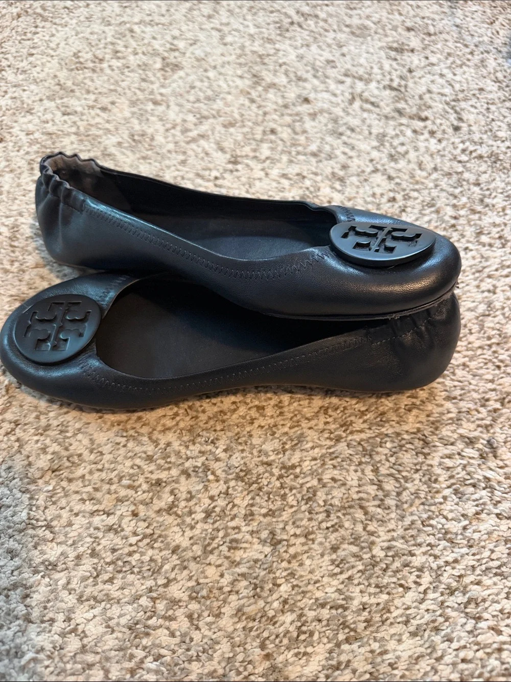 Tory Burch Navy Leather Logo Ballet Flats
